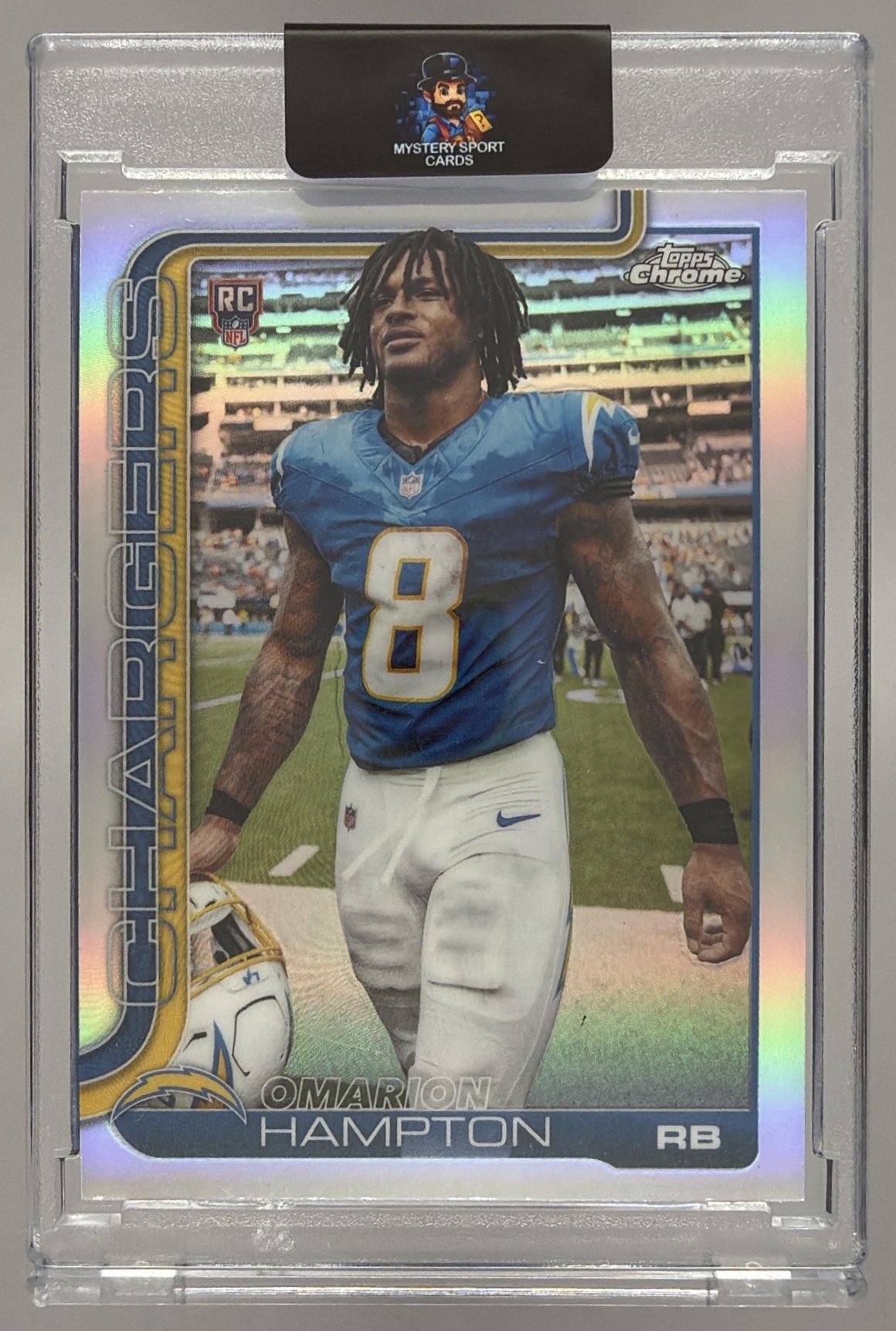Card image for 2025 Topps Chrome Sapphire Omarion Hampton Rookie Image Variation #324 SP RC VAR Chargers