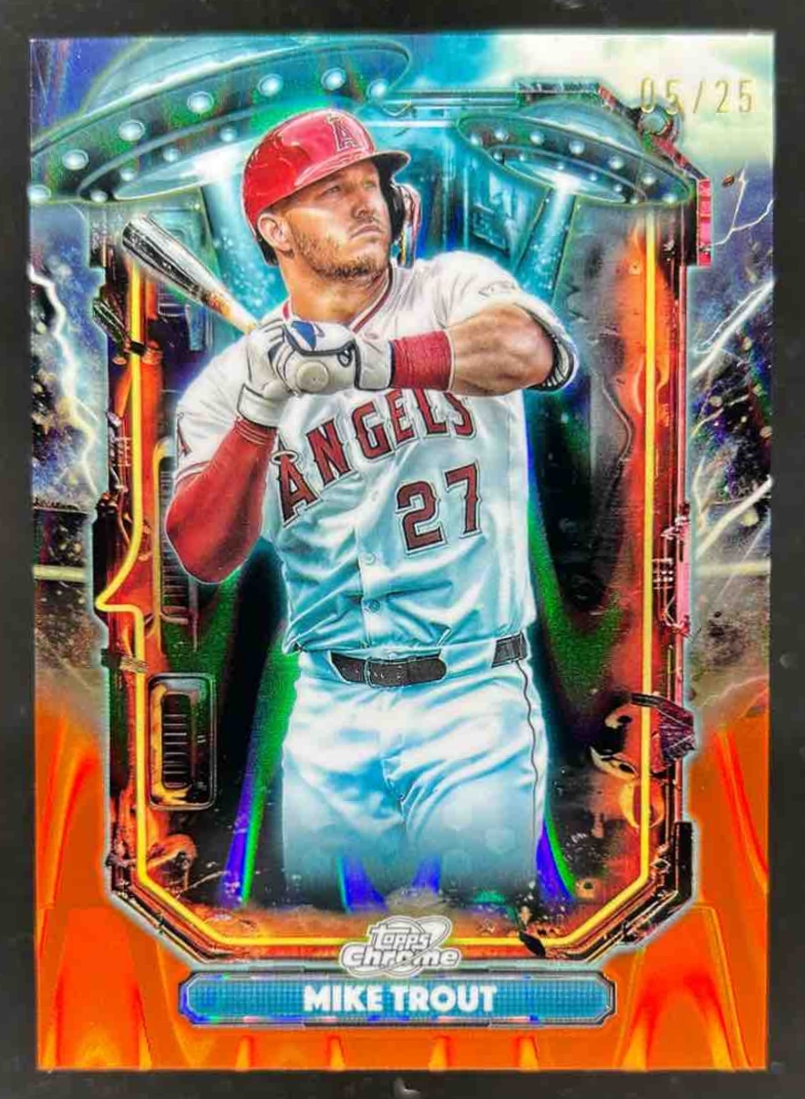 Card image for Mike Trout 2025 Topps Cosmic Chrome Extraterrestrial Talent Orange Galactic Refractor /25