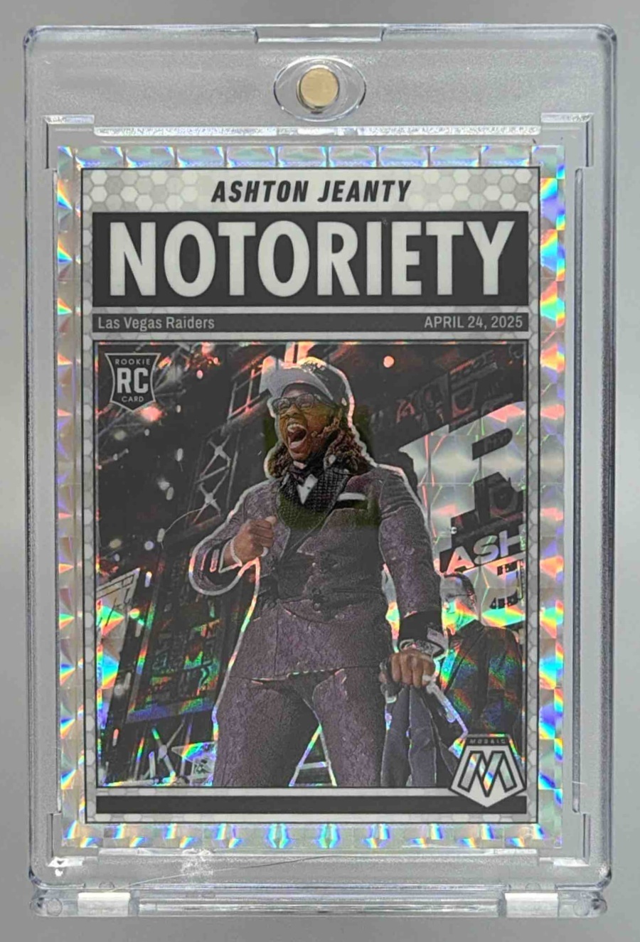 Card image for 2025 Panini Football Mosaic Ashton Jeanty Notoriety #18 RC Las Vegas Raiders