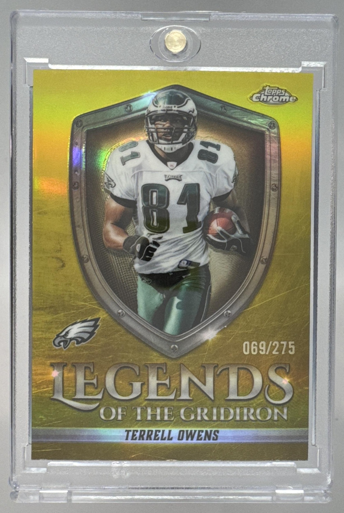 Card image for 2025 Topps Chrome Terrell Owens Legends of the Gridiron Yellow Refractor /275 #LOG-20 Eagles