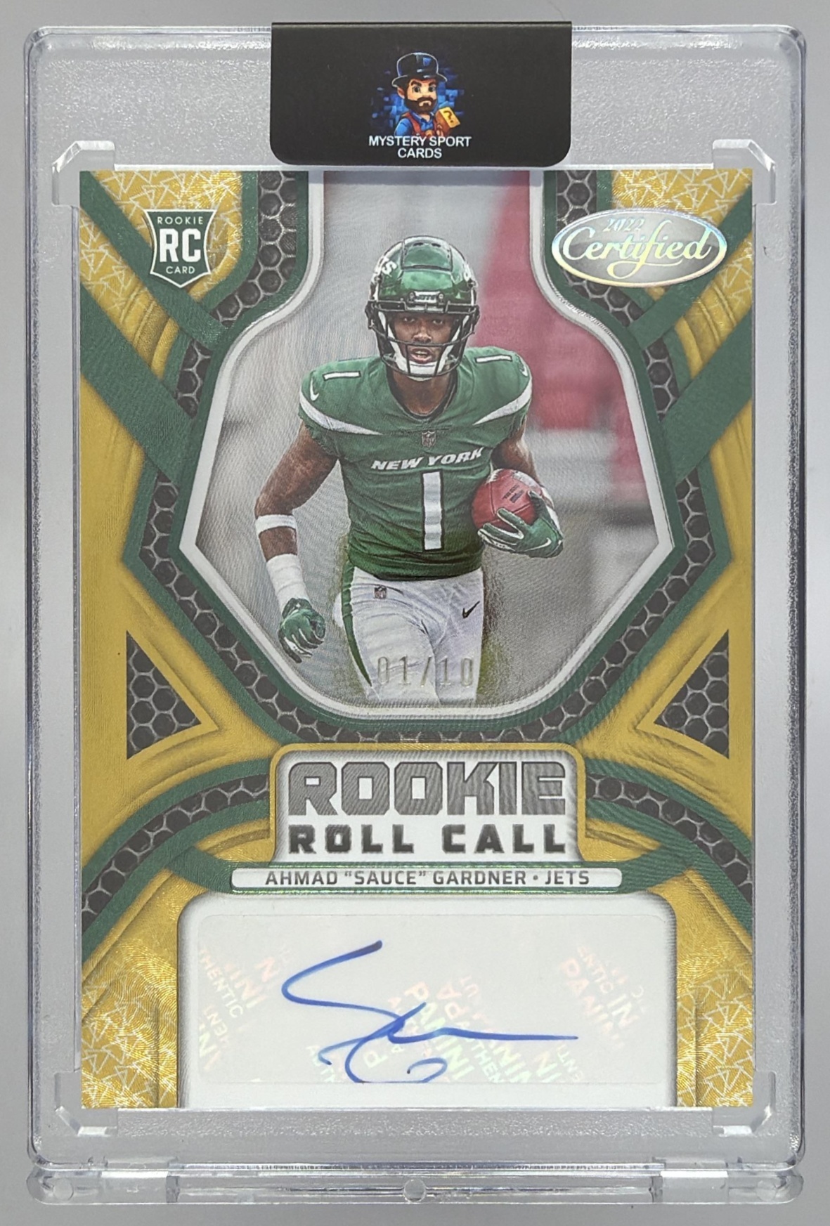 Card image for 2022 Panini Certified Ahmad Sauce Gardner Rookie Roll Call Signatures Gold Etch /10 #RCS-AG Auto RC Jets