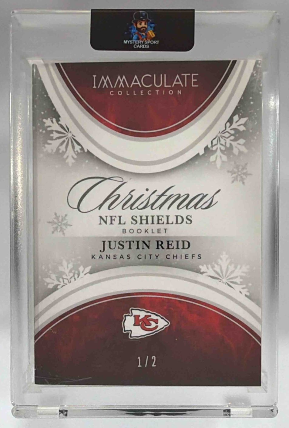 Card image for 2025 Panini Immaculate Collection Justin Reid Christmas NFL Shields Booklet /2 #17 MEM Chiefs