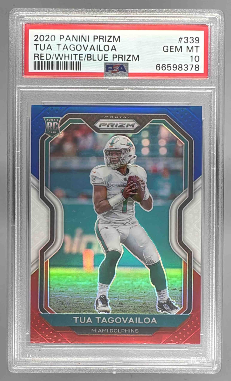 Card image for 2020 Panini Prizm Tua Tagovailoa Red White and Blue #339 RC Dolphins