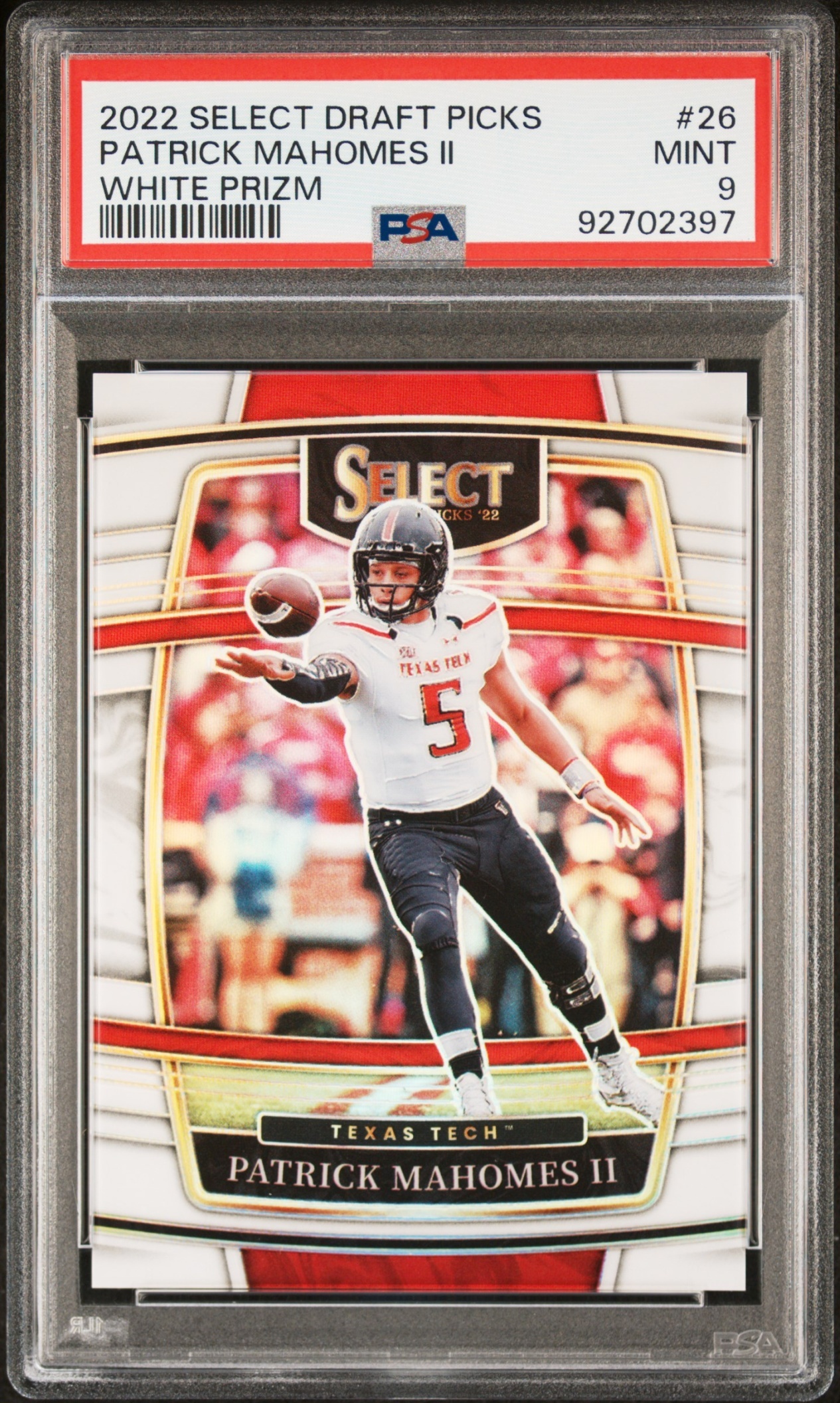 Card image for 2022 Panini Select Draft Picks Patrick Mahomes II White Prizm /35 #26 Concourse Red Raiders