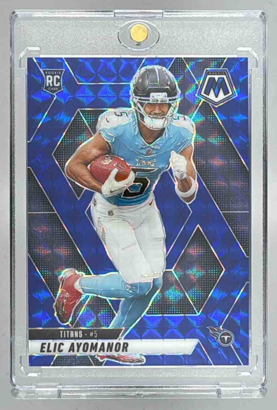 Card image for 2025 Panini Mosaic Elic Ayomanor Rookies Blue Prizm /99 #333 RC Titans