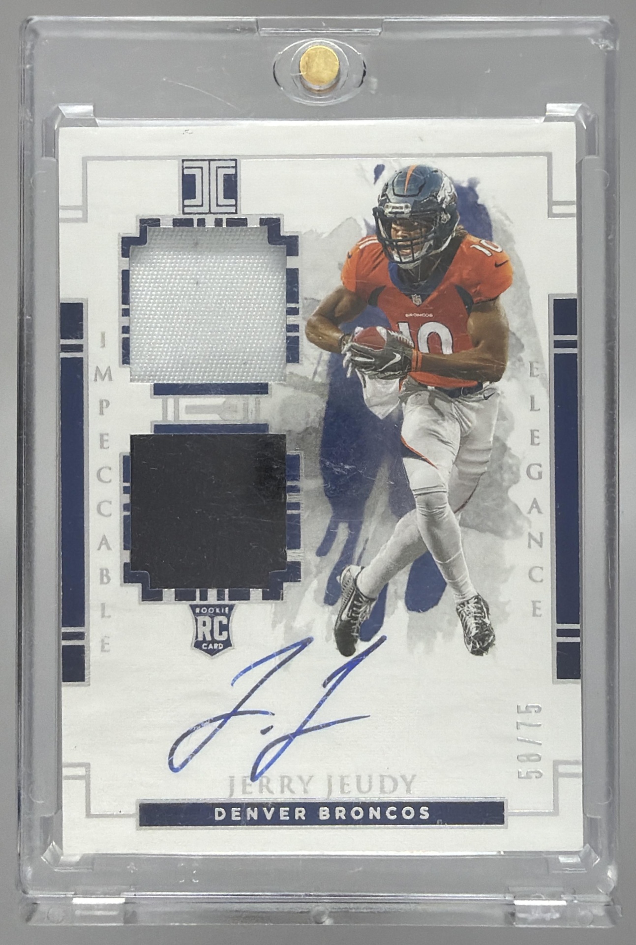 Card image for 2020 Panini Football Impeccable Jerry Jeudy /75 #107 MEM Auto RC Denver Broncos