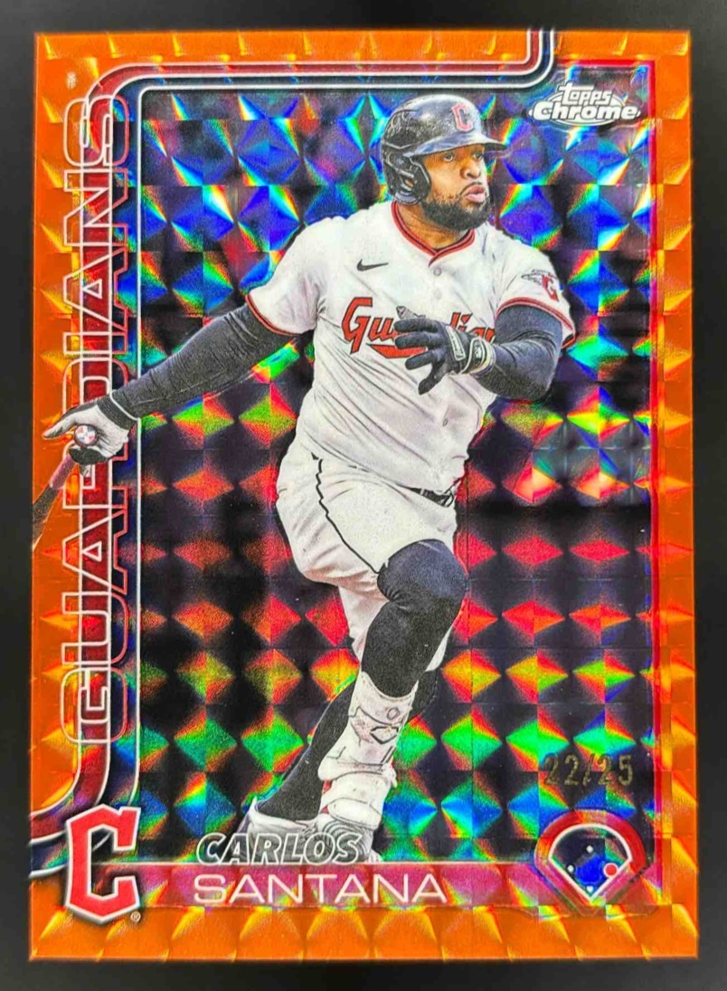 Card image for 2025 Topps Chrome Update Carlos Santana Orange Geometric Refractor /25