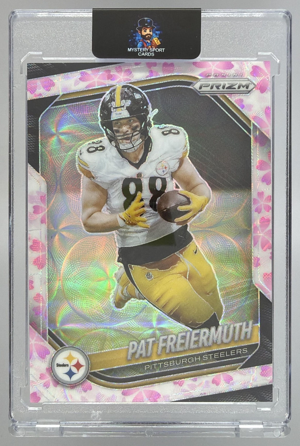 Card image for 2025 Panini Prizm Pat Freiermuth Choice Cherry Blossom /15 #243 Steelers