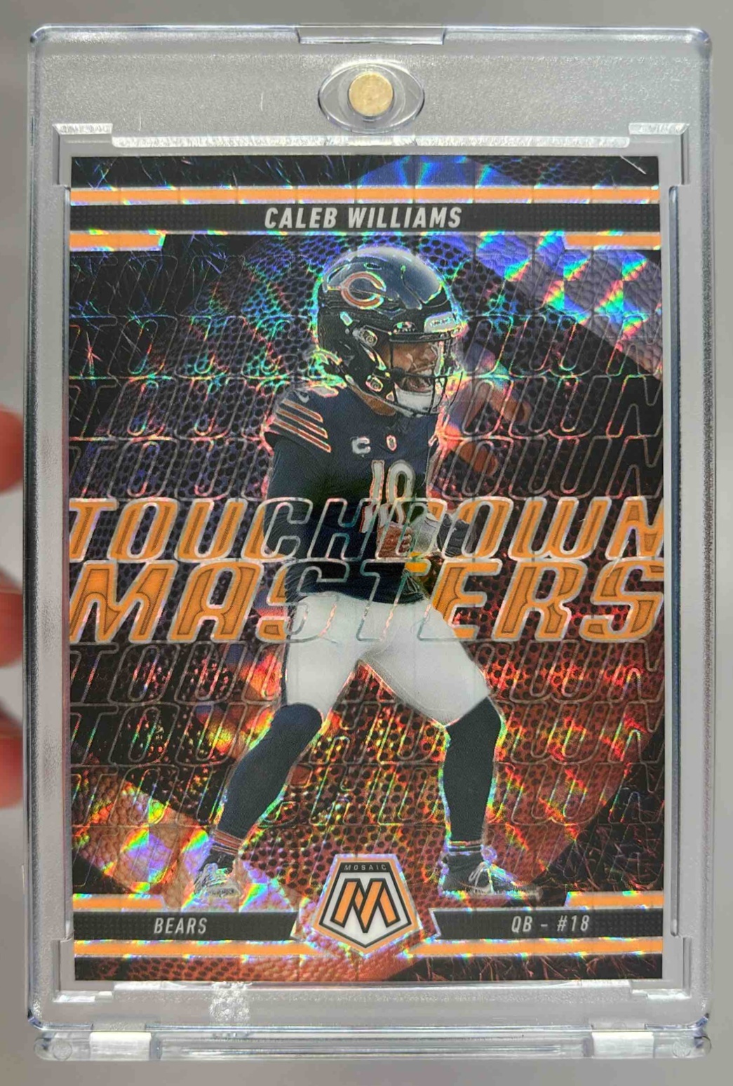 Card image for 2025 Panini Mosaic Caleb Williams Touchdown Masters Orange Fluorescent Prizm #13 Bears