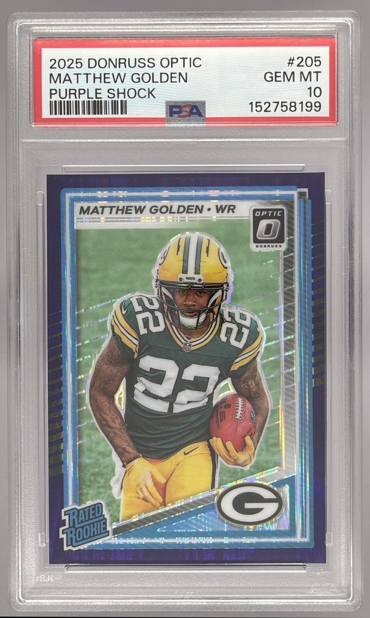 Card image for 2025 Panini Donruss Optic Matthew Golden Rated Rookie Purple Shock Prizm #205 Packers