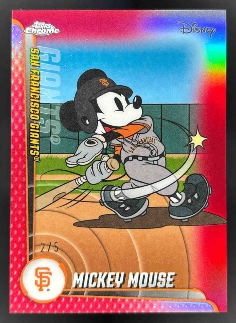 Card image for 2025 Topps Chrome Update Mickey Mouse and Friends Away Jersey Red Refractor /5