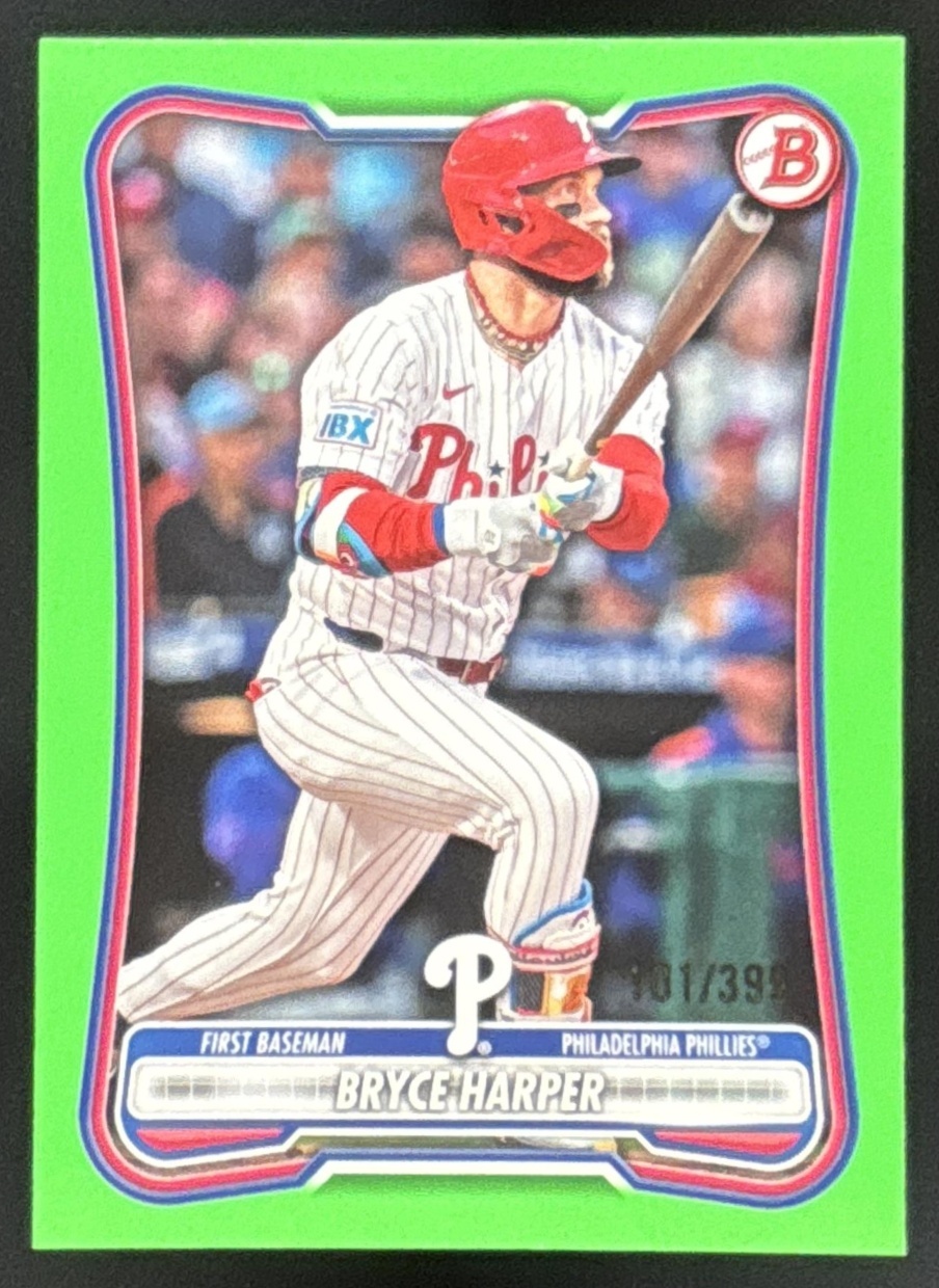 Card image for Bryce Harper 2026 Bowman Neon Green Border /399 Philadelphia Phillies