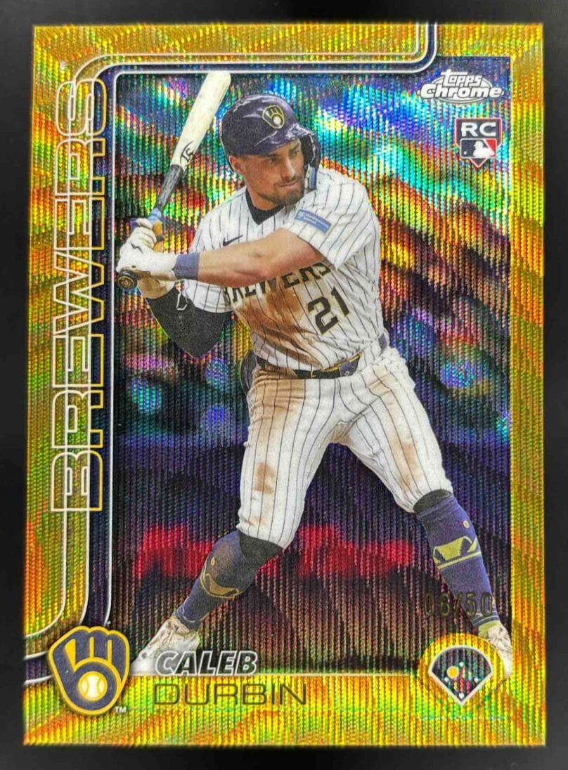 Card image for 2025 Topps Chrome Update Caleb Durbin Gold Wave Refractor /50 #USC82 RC Brewers