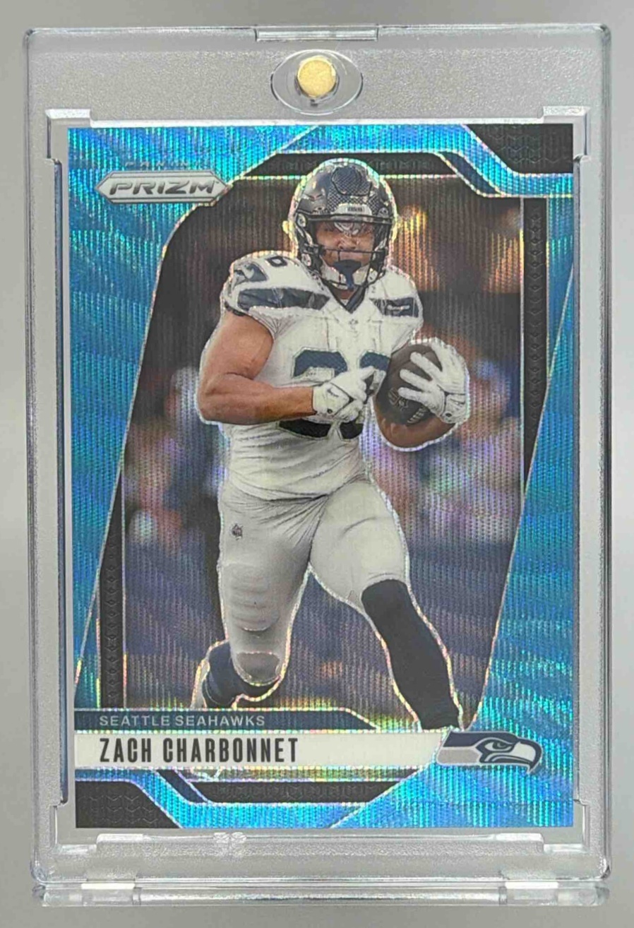 Card image for 2024 Panini Football Prizm Zach Charbonnet Blue Wave /230 #264 Seattle Seahawks