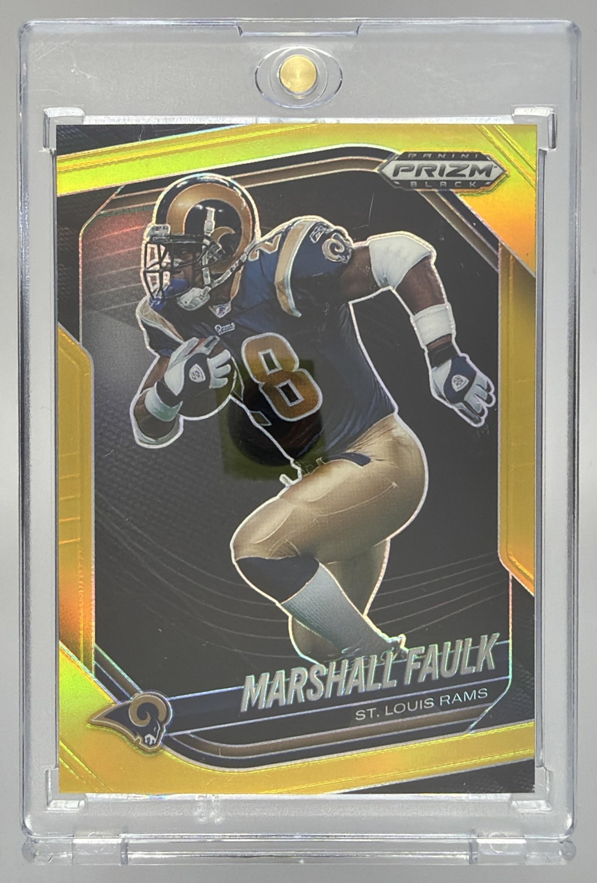 Card image for 2025 Panini Football Prizm Black Marshall Faulk Gold /10 #140 St. Louis Rams