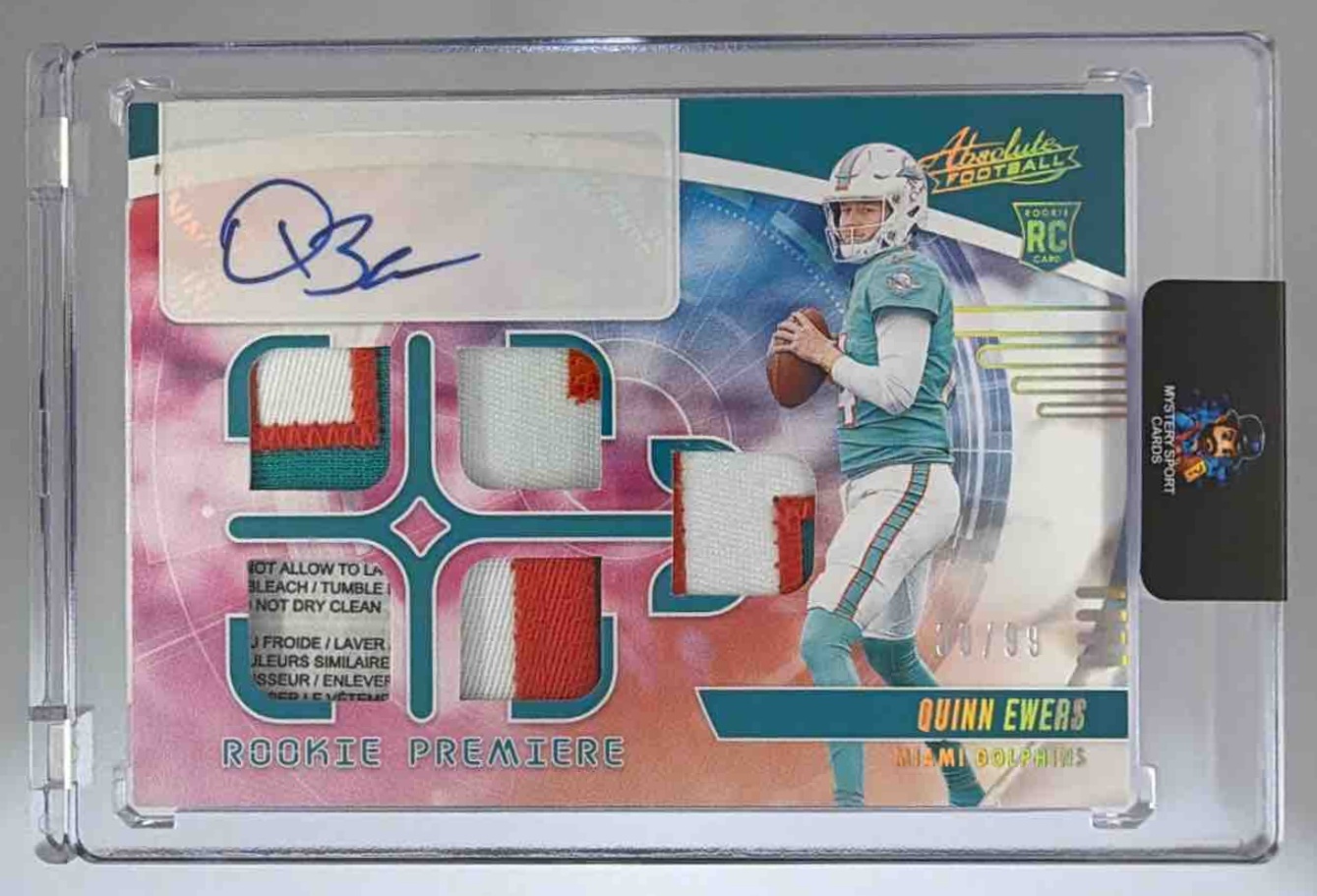 Card image for 2025 Panini Absolute Quinn Ewers Rookie Premiere Materials Autos Five /99 #RPM-QES MEM RC Auto Dolphins