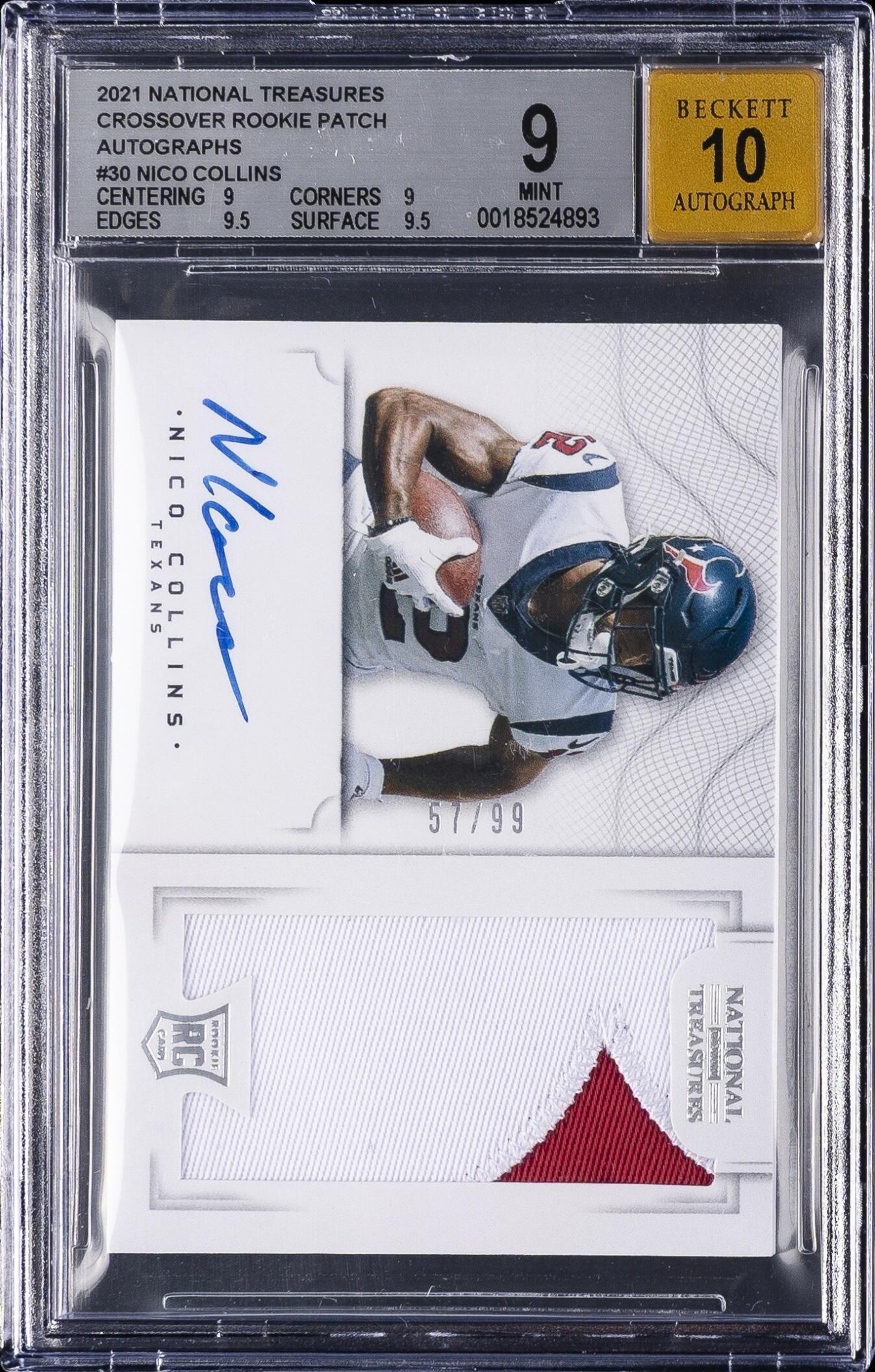 2021 Panini National Treasures Nico Collins Crossover Rookie Patch Auto /99 #CRS-NC MEM RC Texans BGS 9