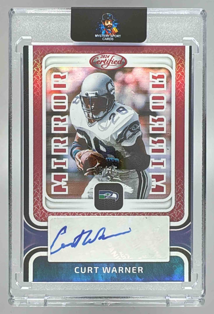 Card image for 2024 Panini Certified Curt Warner Mirror Signatures Red /35 #MS-CW Auto Seahawks
