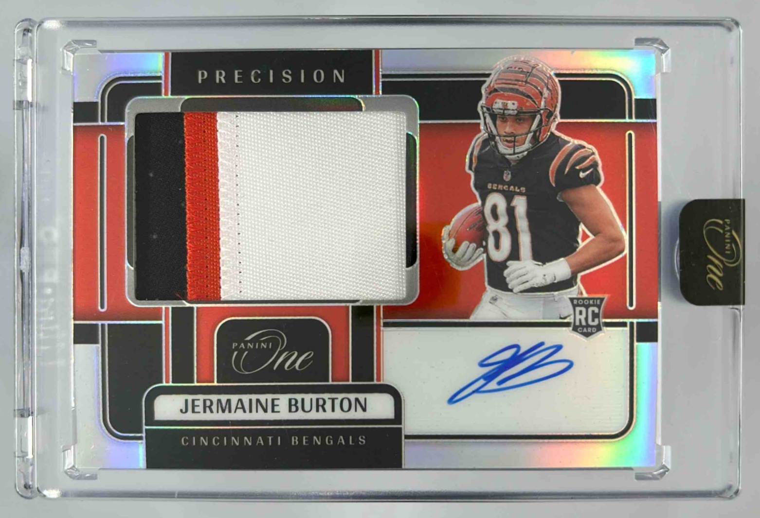 Card image for 2024 Panini One Jermaine Burton Precision Rookie Patch Auto /99 #330 MEM RC Bengals