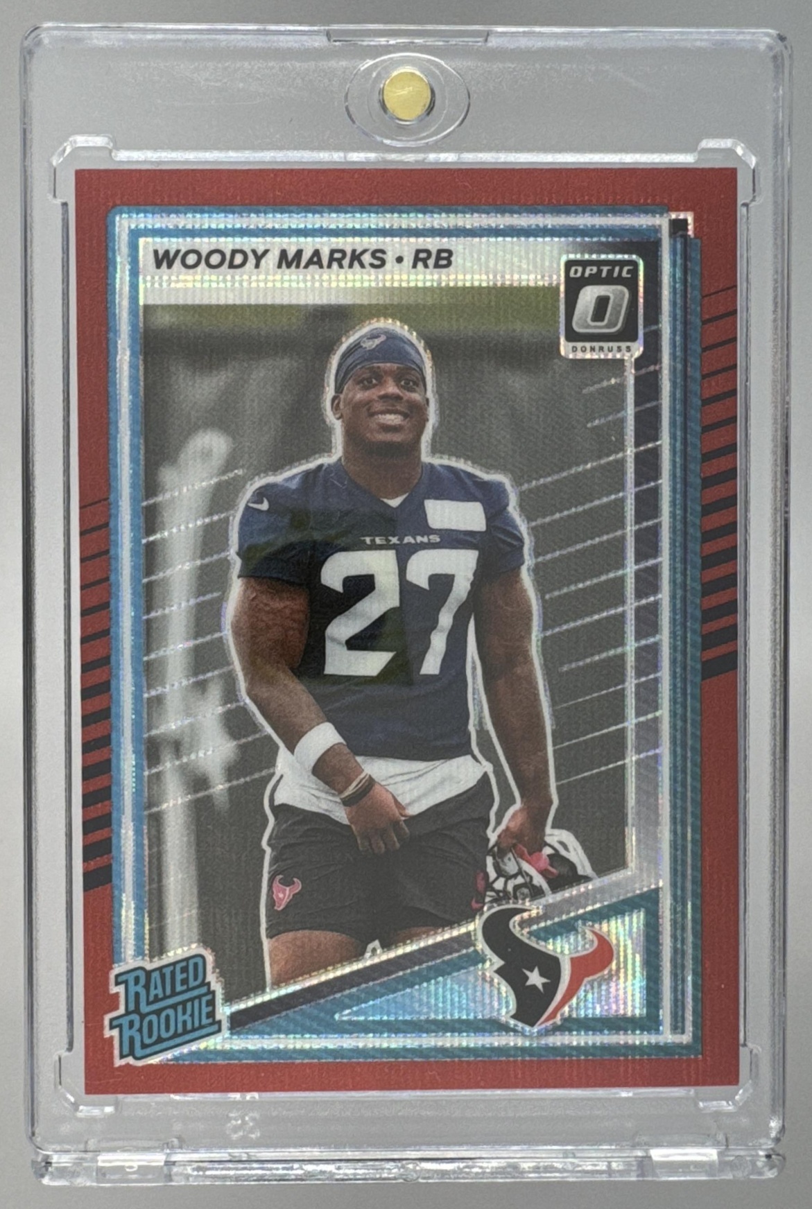 Card image for 2025 Panini Donruss Woody Marks Optic Rated Rookie Preview Red Pandora #377 RC Texans