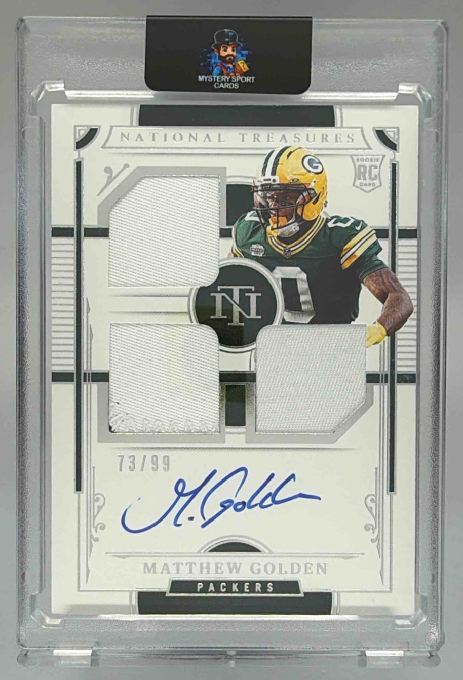 Card image for 2025 Panini National Treasures Matthew Golden Rookie Material Signatures RPS Triple /99 #RMS-MGN MEM RC Auto Packers