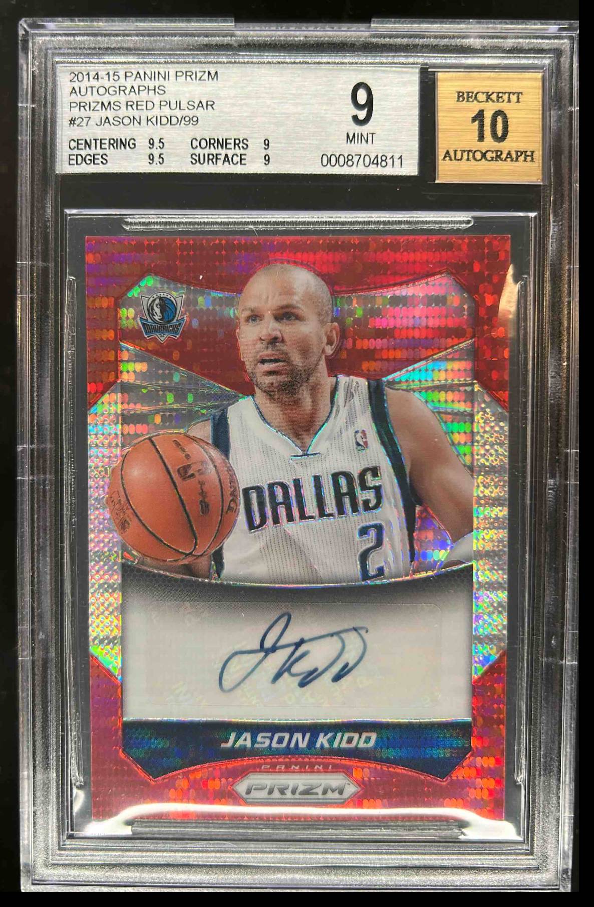Card image for 2014-15 Panini Prizm Jason Kidd Auto Prizms Red Pulsar 73 /99 #27 BGS 9