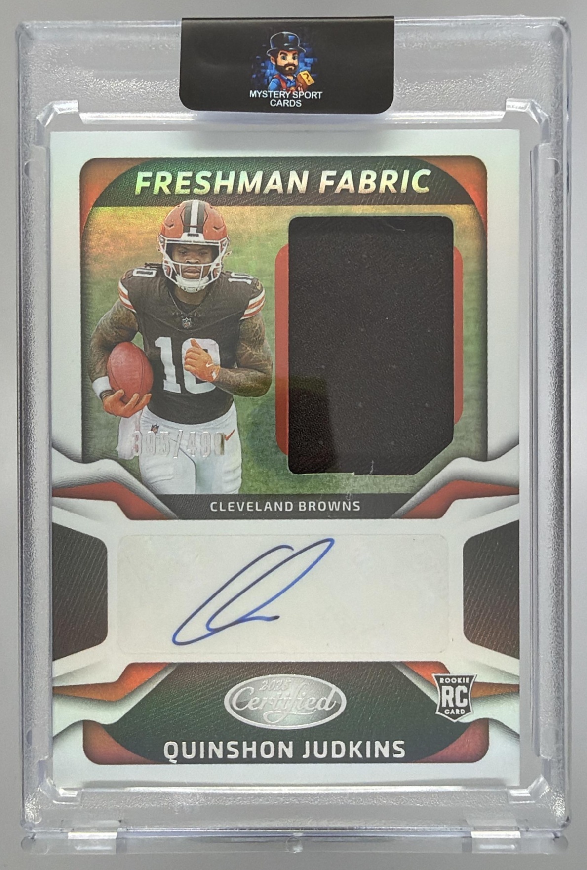 Card image for 2025 Panini Certified Quinshon Judkins Freshman Fabric Mirror Signatures /499 #FBC-QJS MEM RC Auto Browns