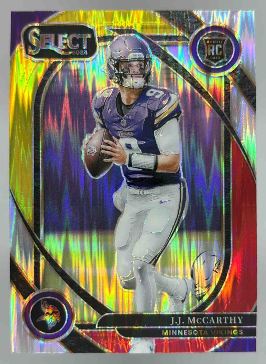 Card image for 2024 Panini Select J.J. McCarthy Club Red and Yellow Prizm Shock #246 RC Vikings