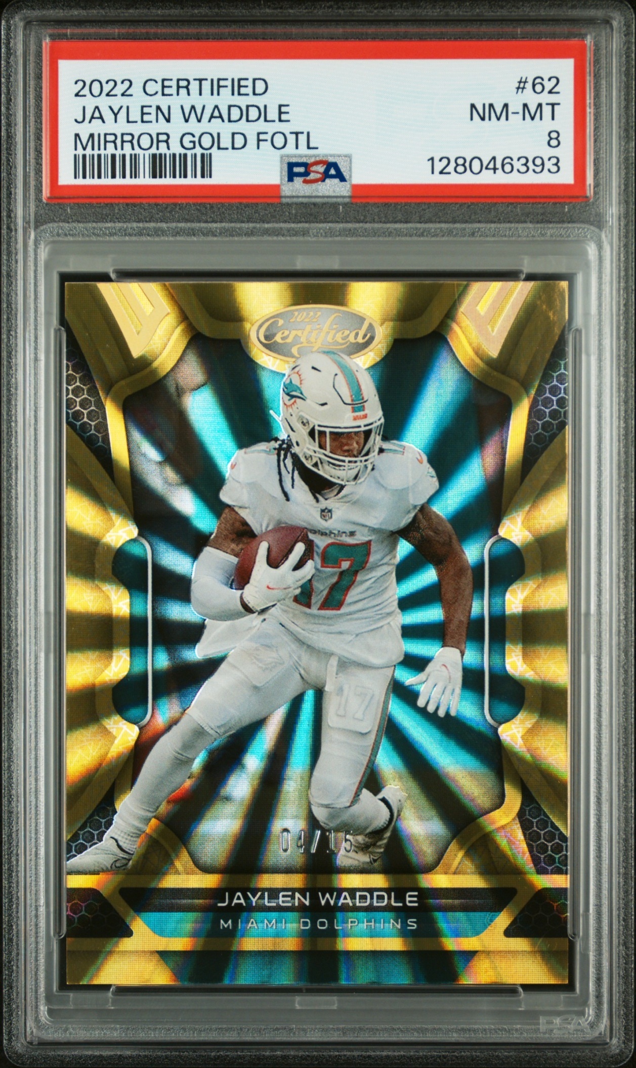 Card image for 2022 Panini Football Certified Jaylen Waddle Mirror Gold /25 #62 Miami Dolphins