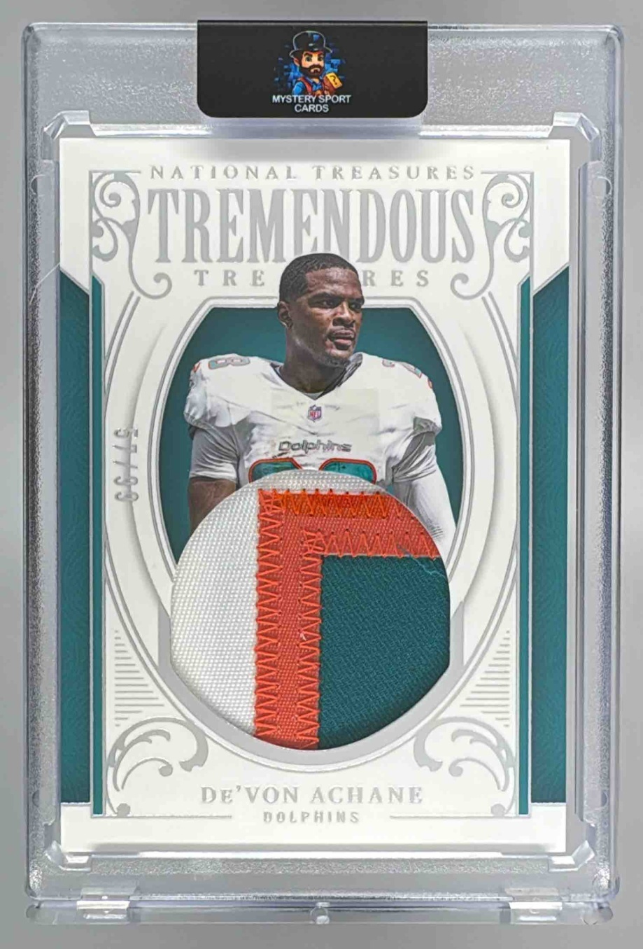 Card image for 2025 Panini National Treasures De'Von Achane Tremendous /99 #TT-DAE MEM Dolphins
