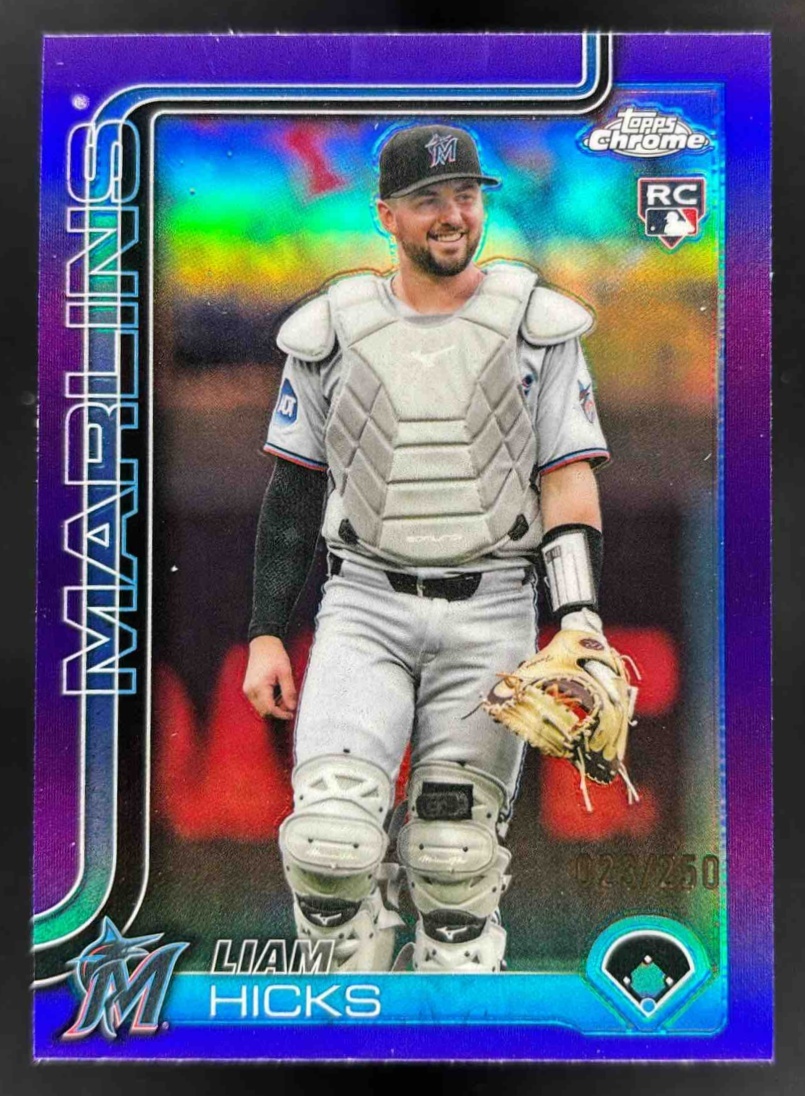 Card image for 2025 Topps Chrome Update Liam Hicks Purple Refractor /250 #USC86 RC Marlins
