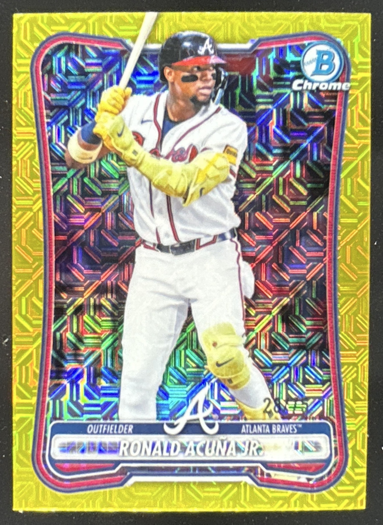 Card image for Ronald Acuna Jr. 2026 Bowman Chrome Mega Box Yellow Mojo Refractor /75