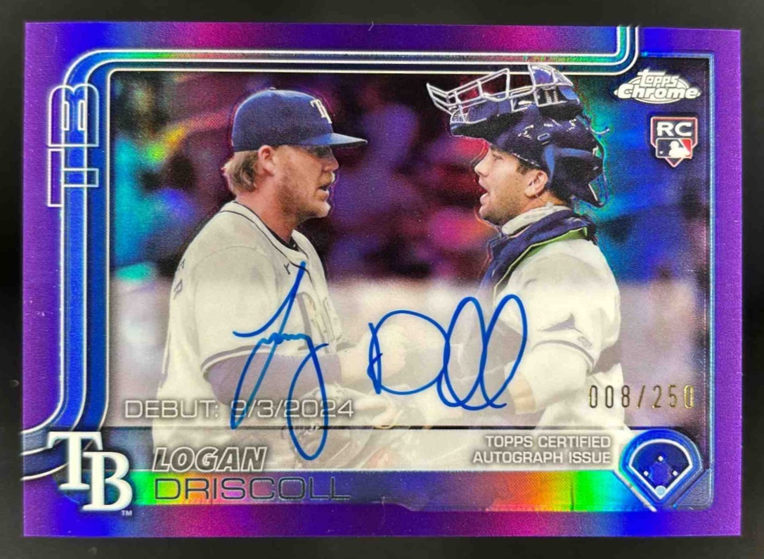Card image for 2025 Topps Chrome Update Logan Driscoll Rookie Debut Auto Purple Refractor /250