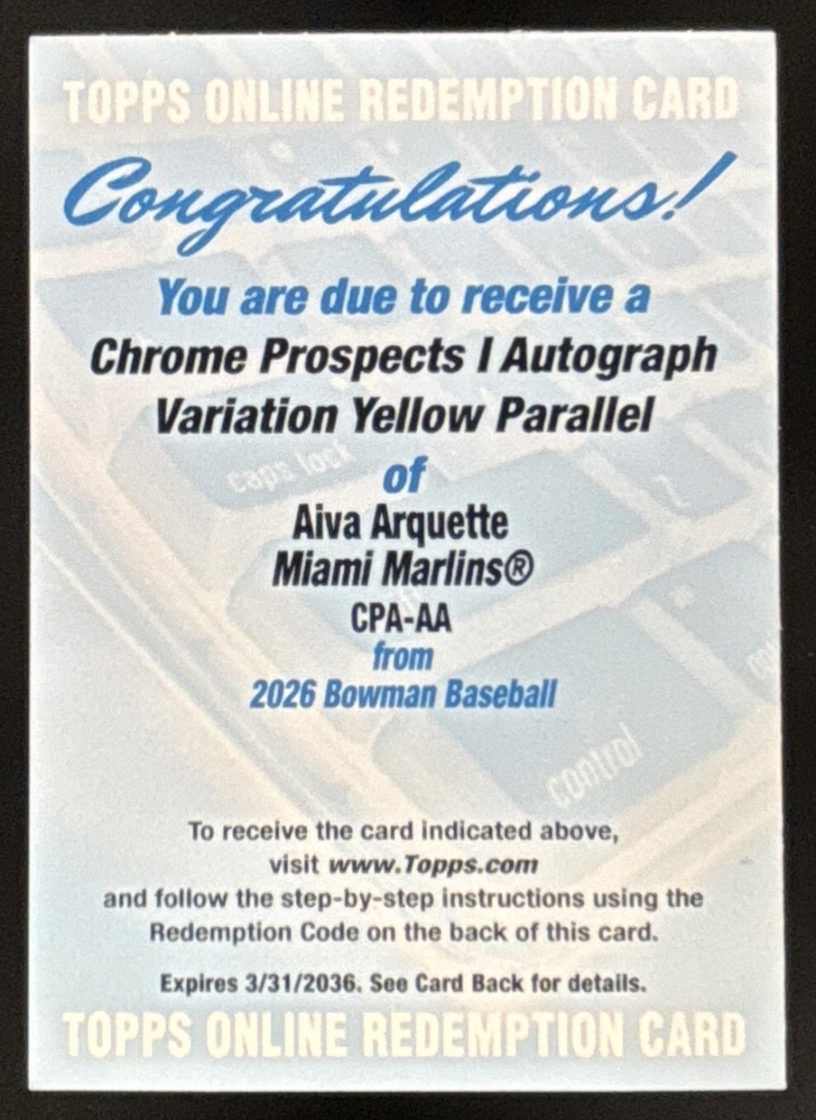 Card image for 2026 Bowman Aiva Arquette Chrome Auto Yellow Refractor /75 1st Prospect