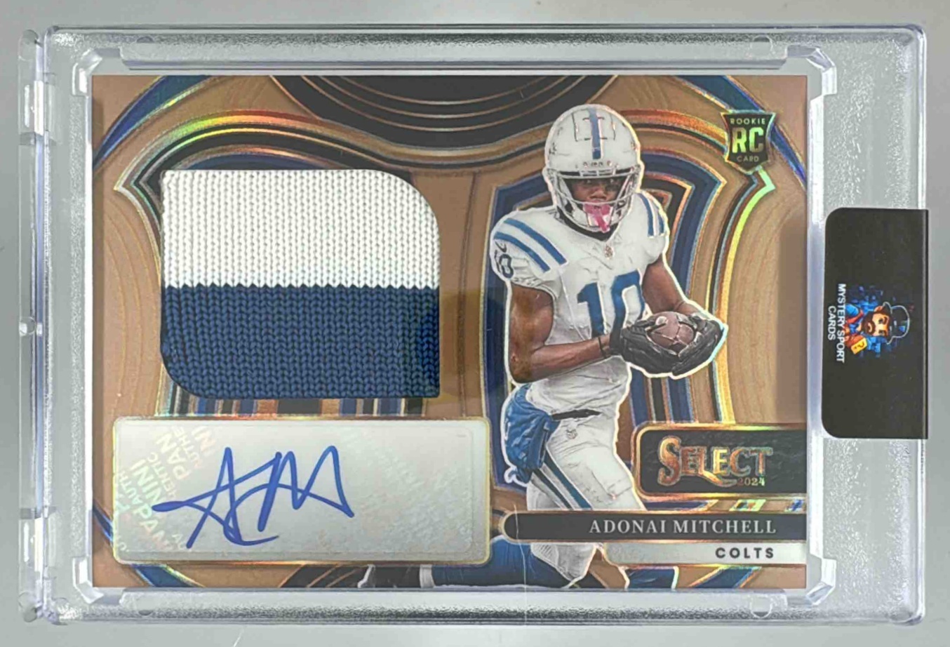 Card image for 2024 Panini Select Adonai Mitchell Jumbo Rookie Signature Swatch Copper Prizm /49 #JRSS-AML MEM RC Auto Colts