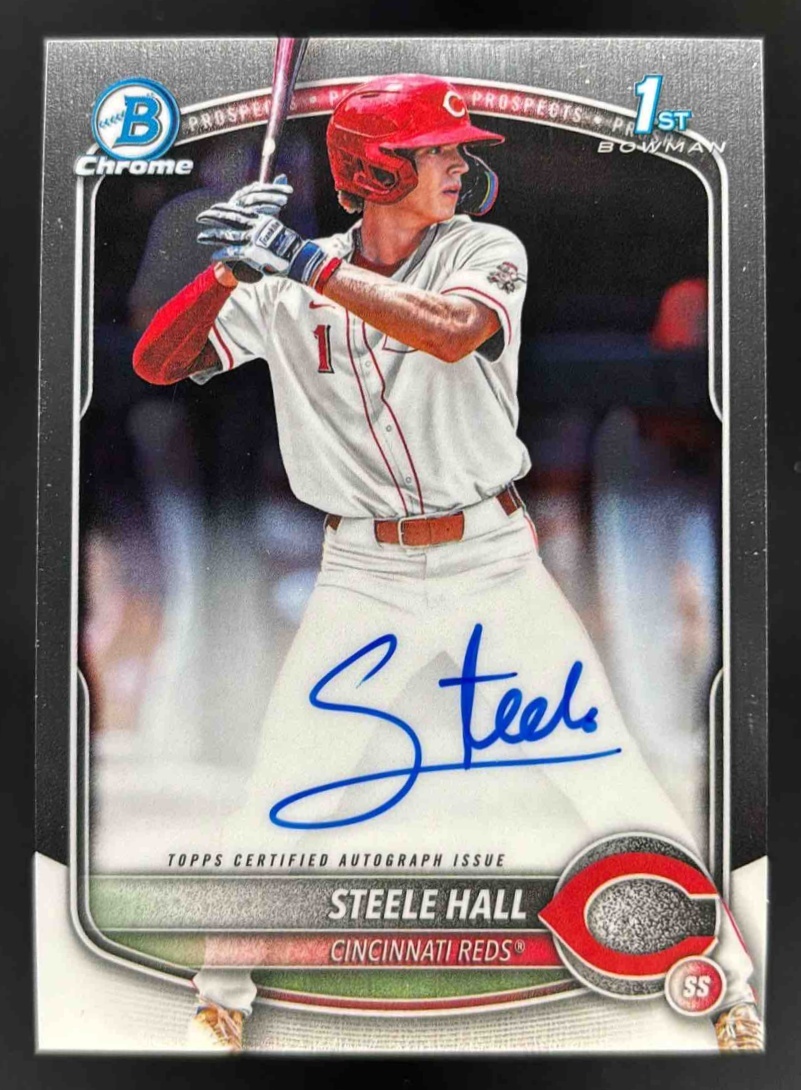 Card image for 2025 Bowman Draft Steele Hall Chrome Prospect Auto #CPA-SHA Reds