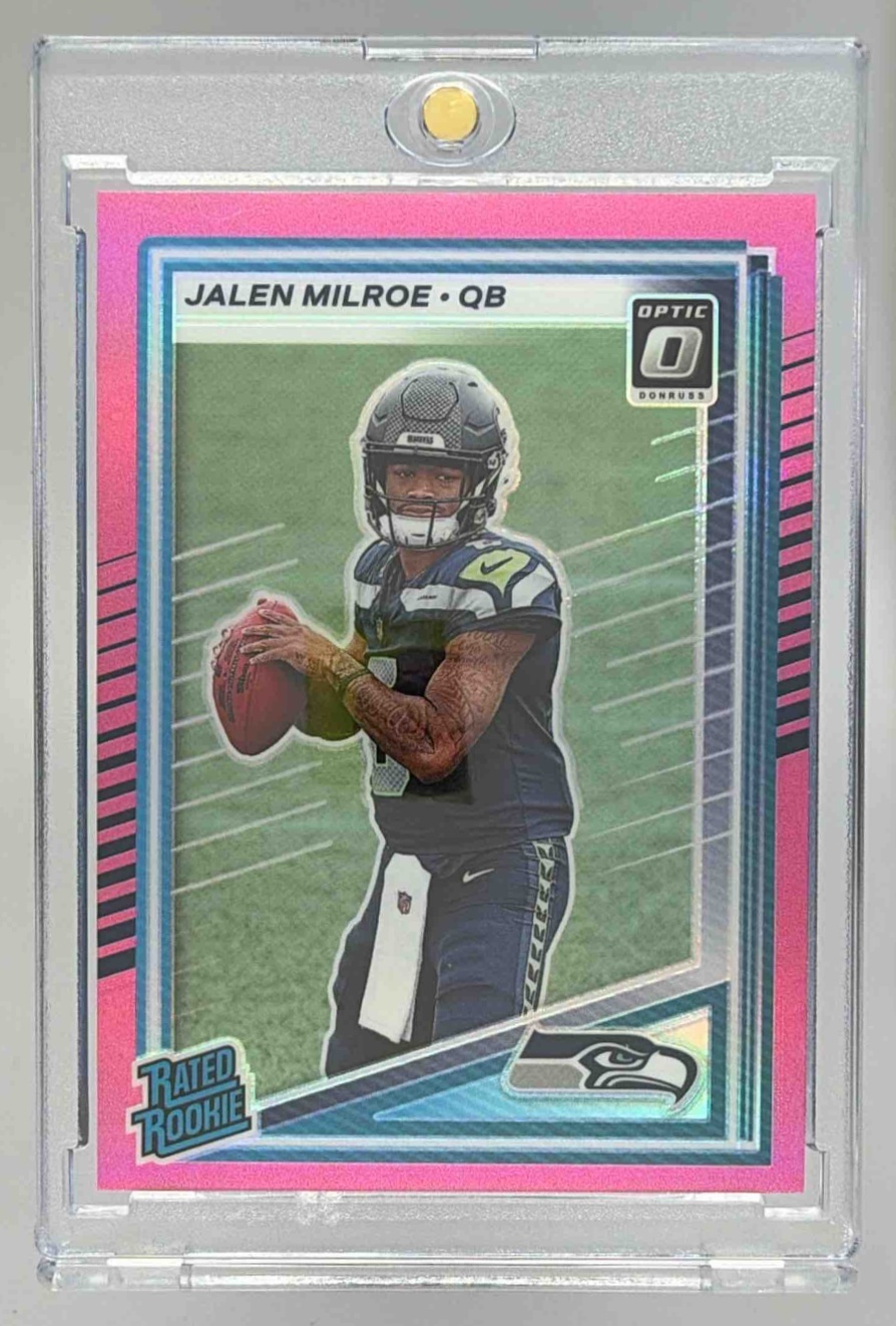 Card image for 2025 Panini Donruss Jalen Milroe Optic Rated Rookie Preview Pink #307 RC Seahawks