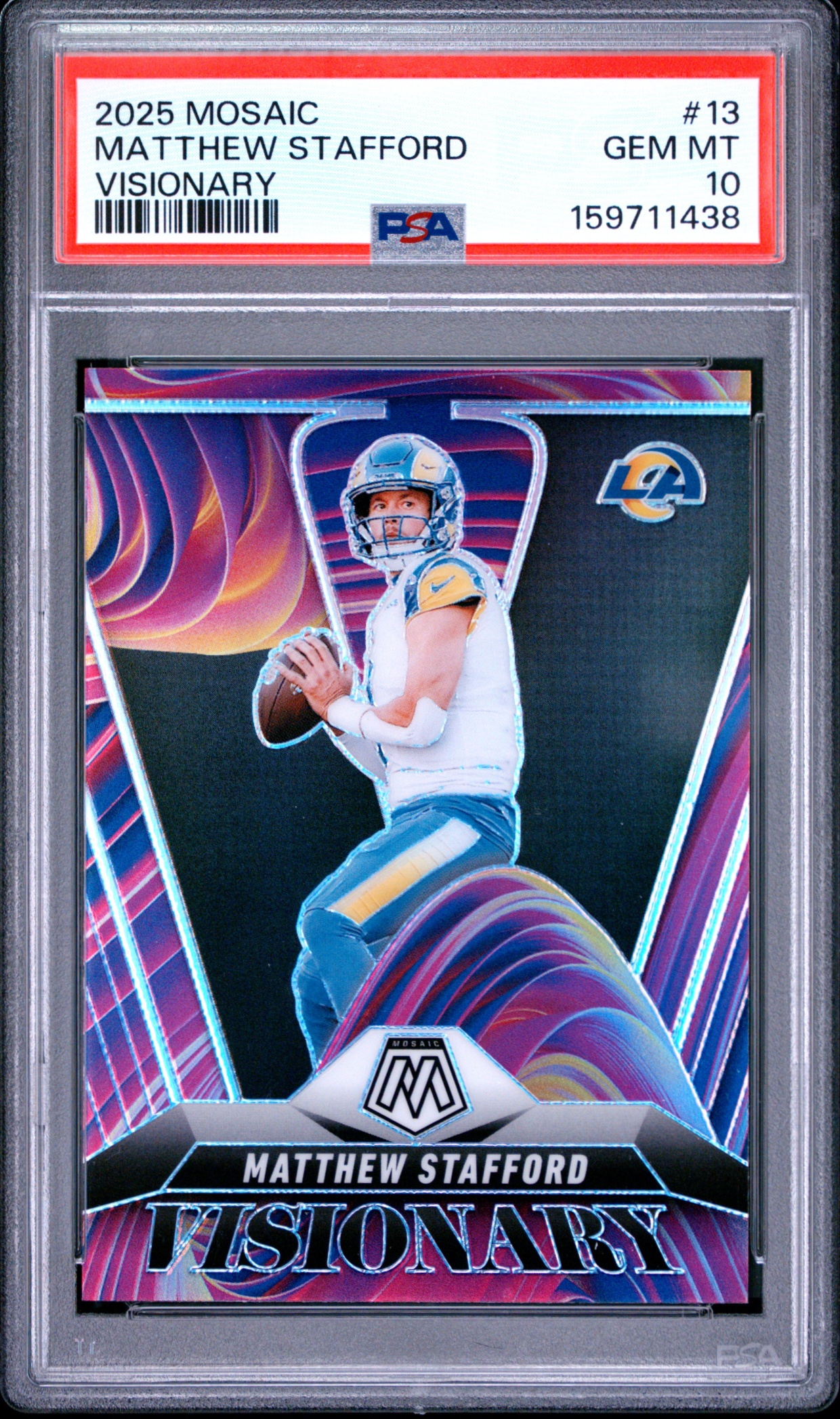 Card image for 2025 Panini Mosaic Matthew Stafford Visionary #13 Rams PSA 10