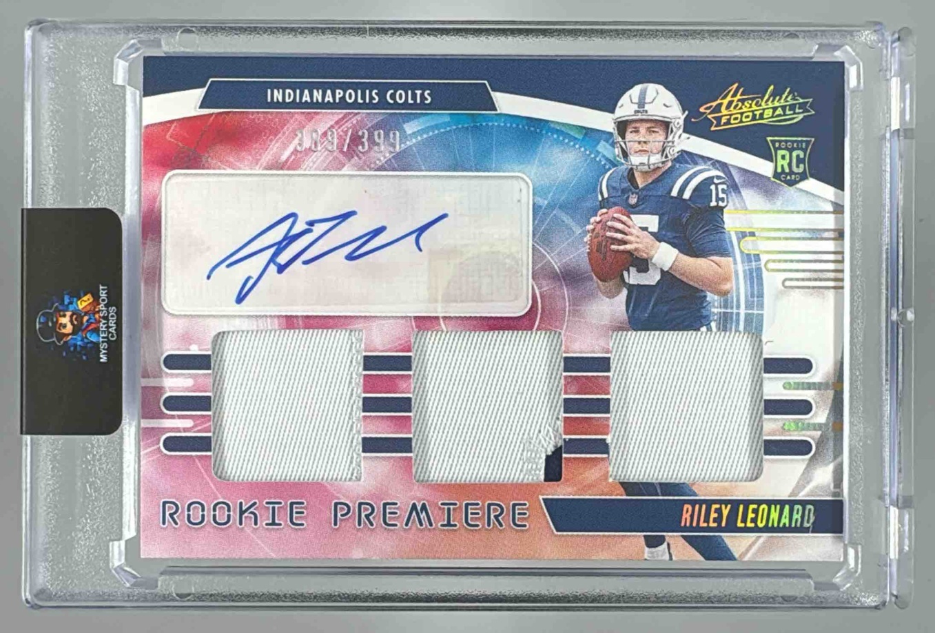 Card image for 2025 Panini Absolute Riley Leonard Rookie Premiere Materials Autos /399 #RPM-RLD MEM RC Auto Colts