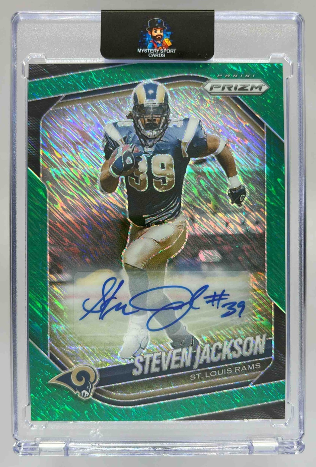 Card image for 2025 Panini Prizm Steven Jackson Auto Green Shimmer /5 #289 Rams