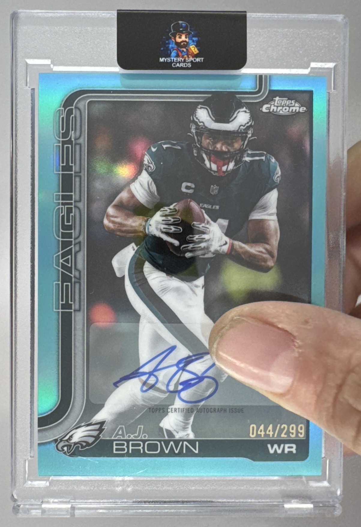 Card image for 2025 Topps Chrome A.J. Brown Auto Teal Refractor /299 #BA-AB Eagles
