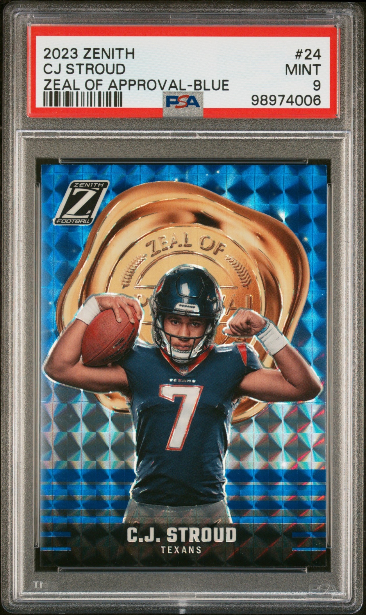 Card image for 2023 Panini Zenith C.J. Stroud Zeal of Approval Blue #24 RC Texans