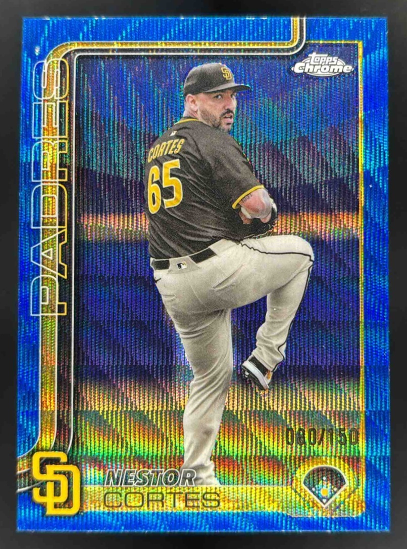 Card image for 2025 Topps Chrome Update Nestor Cortes Blue Wave Refractor /150 #USC130 Padres