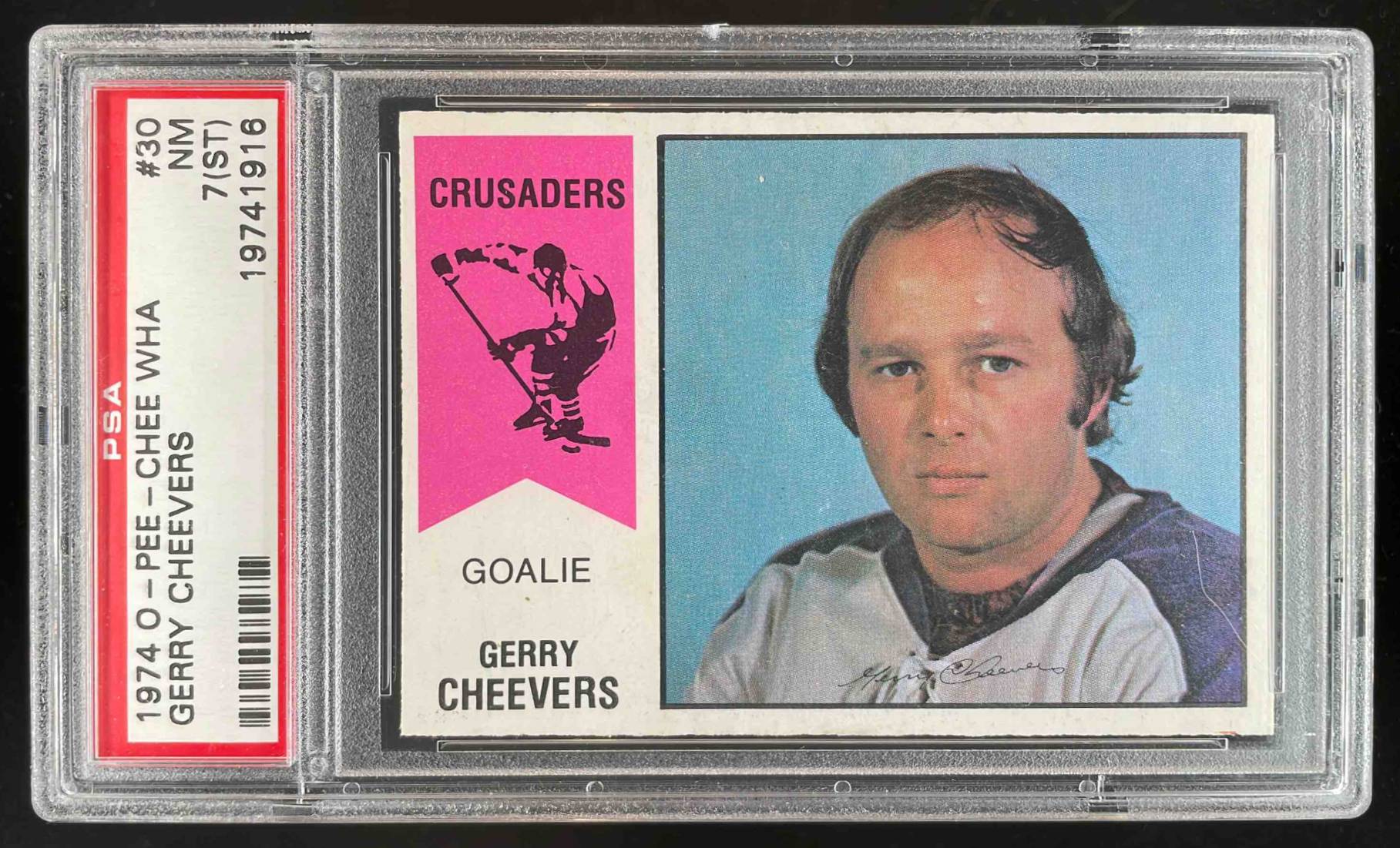 Card image for 1974-75 O-PEE-CHEE WHA GERRY CHEEVERS #30 PSA 7 NM CLEVELAND CRUSADERS HOF