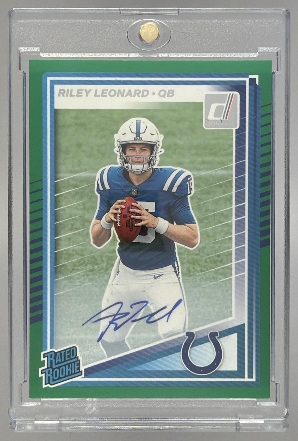 Card image for 2025 Panini Donruss Riley Leonard Rated Rookie Auto Green #341 RC Colts