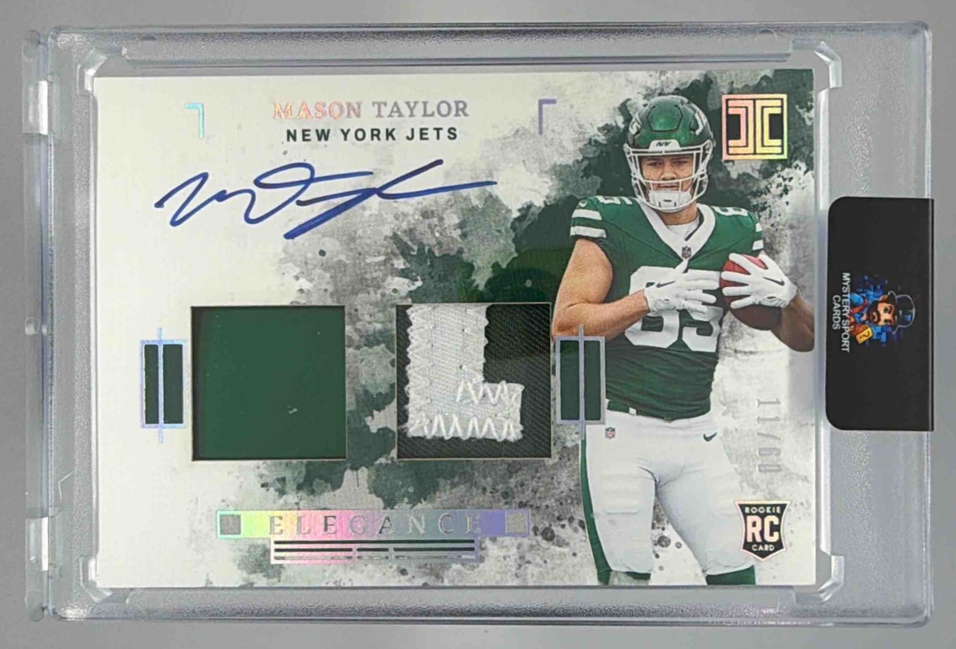 Card image for 2025 Panini Impeccable Mason Taylor Rookie Patch Autos /99 #RKP-MTR MEM RC Auto Jets