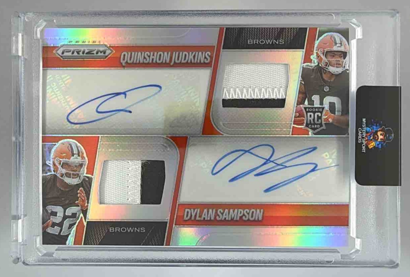 Card image for 2025 Panini Prizm Quinshon Judkins Dylan Sampson Dual Patch Auto /99 #DPA-QJDS MEM Browns