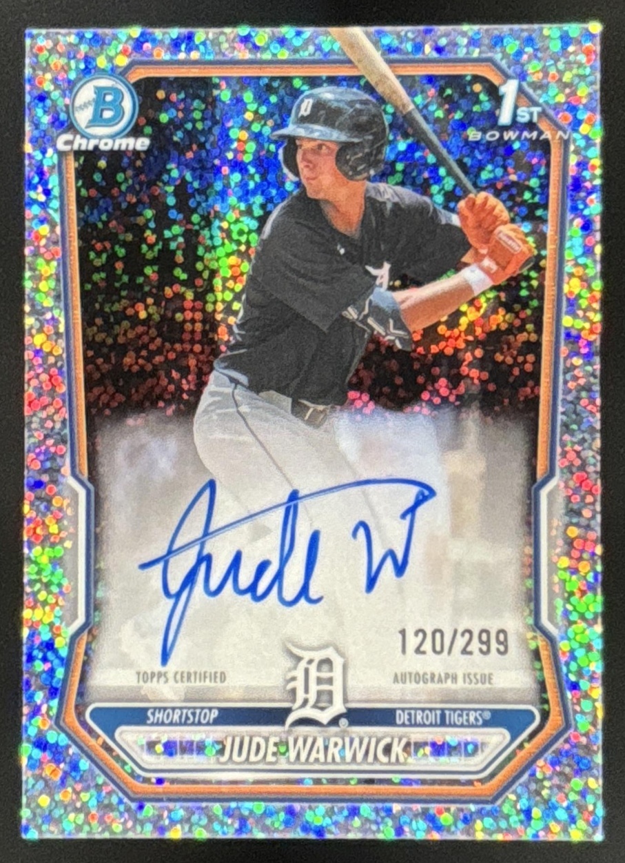 Card image for 2026 Bowman Jude Warwick Chrome Auto Speckle Refractor /299 1st Prospect