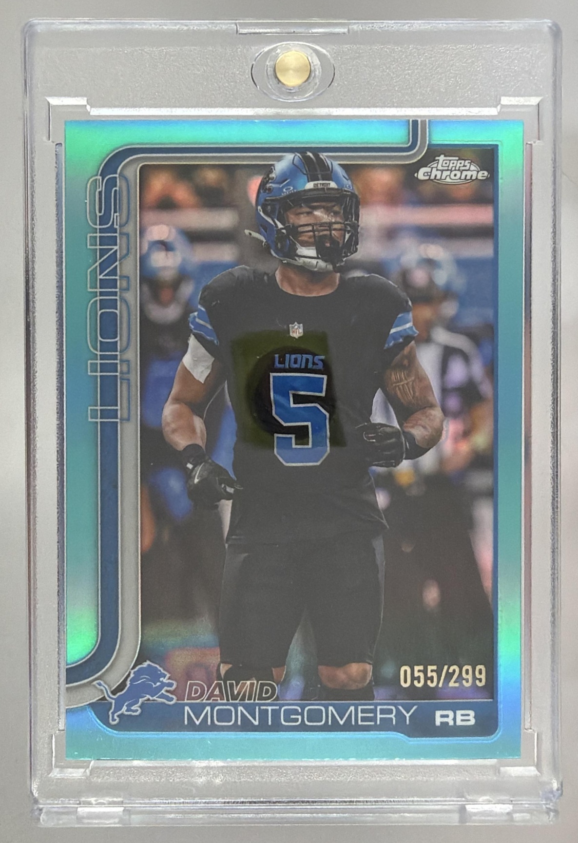 Card image for 2025 Topps Chrome David Montgomery Teal Refractor /299 #103 Lions