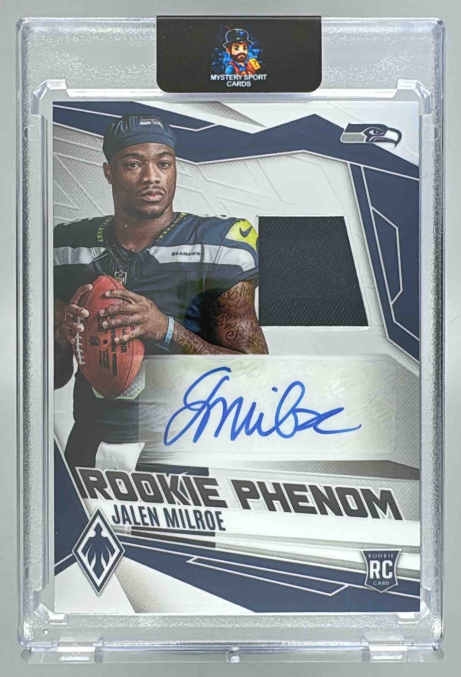 Card image for 2025 Panini Phoenix Jalen Milroe Rookie Phenoms Jersey Auto /249 #39 MEM RC Seahawks